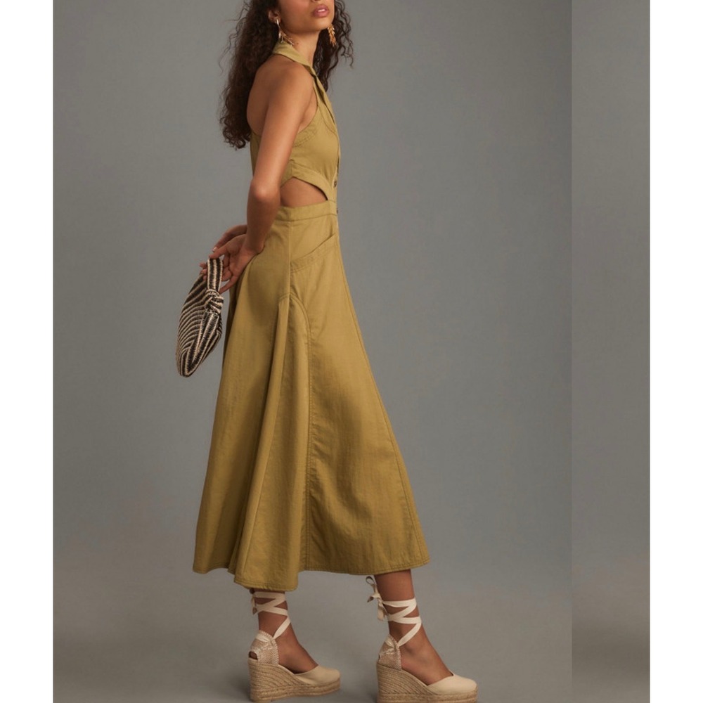 Pilcro and the Letterpress Halter Plunge Olive Green Utility Midi Dress Sz 12 - Picture 3 of 9